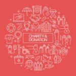 CHARITY AND DONATION Web Banner with Linear Icons, Trendy Linear Style Vector