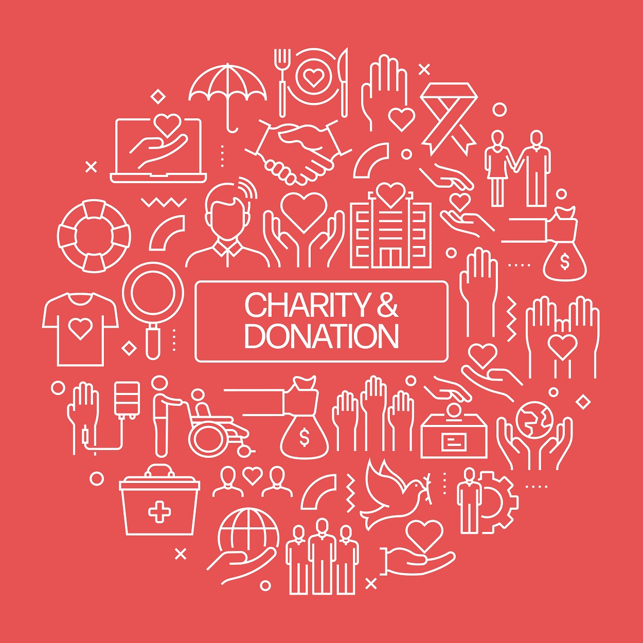 CHARITY AND DONATION Web Banner with Linear Icons, Trendy Linear Style Vector